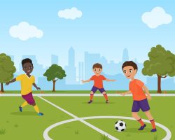 Boys kids playing soccer football. Vector illustration